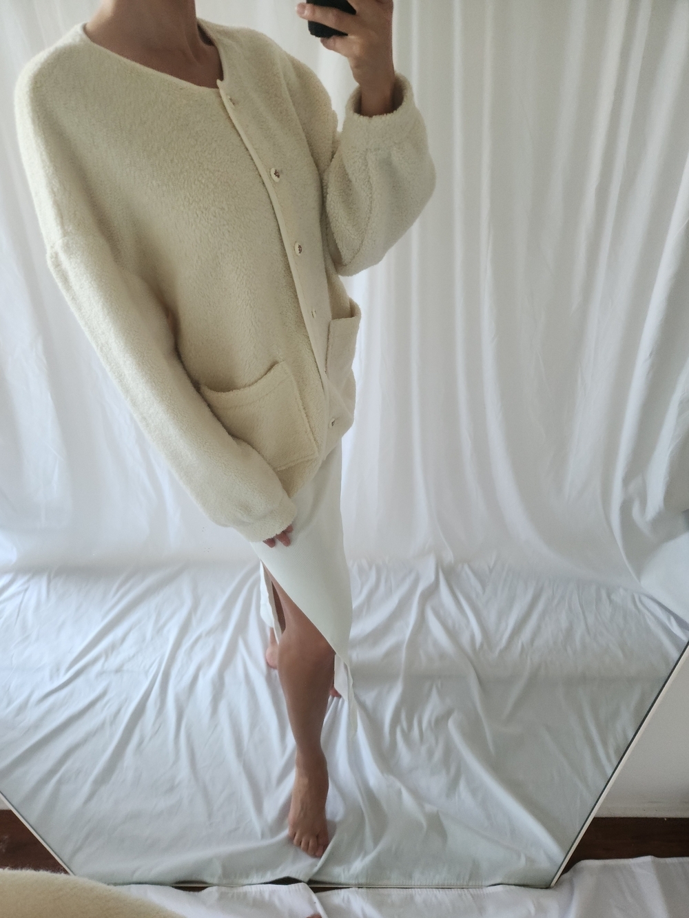Cream Bouclé Button-Front Cardigan Sweater - Picture 2 of 11